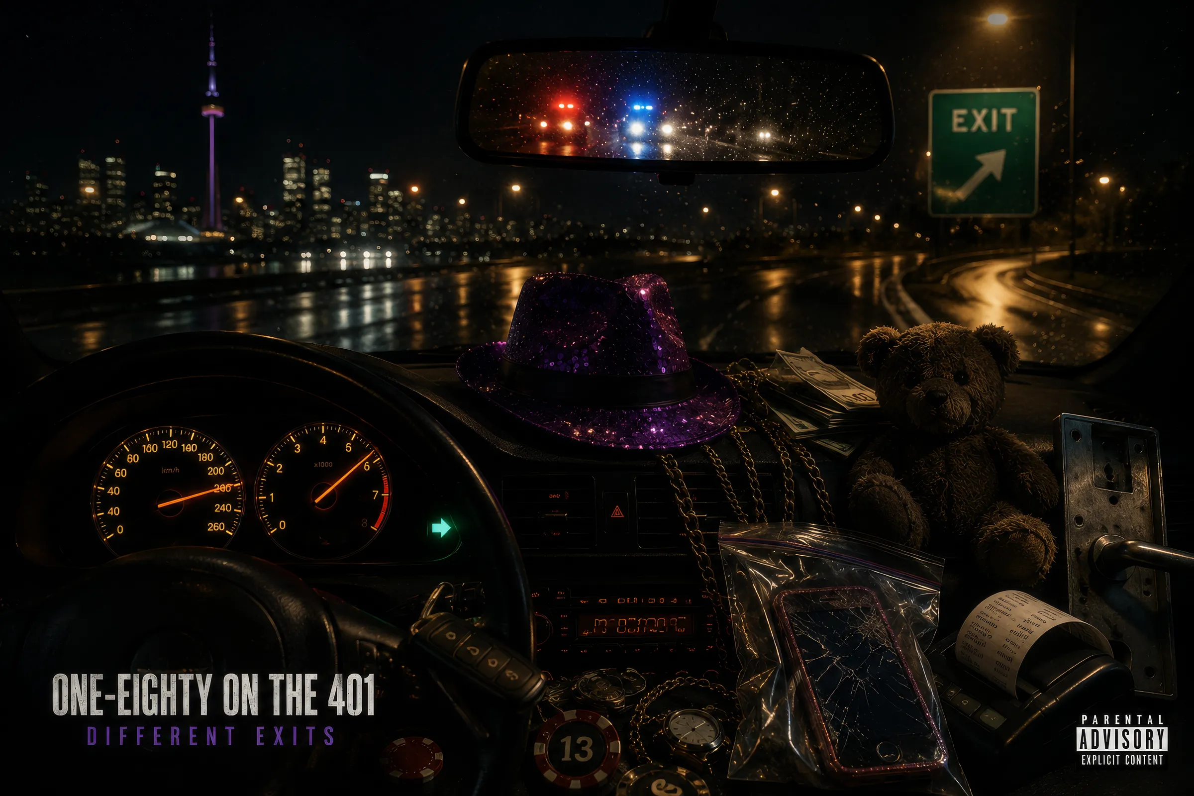 Through a rain-streaked windshield at night: the Toronto skyline and CN Tower, police lights in the rear-view mirror, a green EXIT sign, and a dashboard crowded with a purple sequined hat, a teddy bear, cash, chains and a cracked phone.